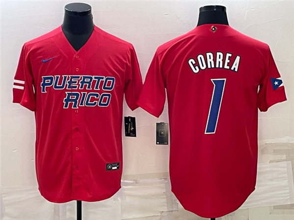 Men's Puerto Rico Baseball #1 Carlos Correa 2023 Red World Baseball Classic Stitched Jersey